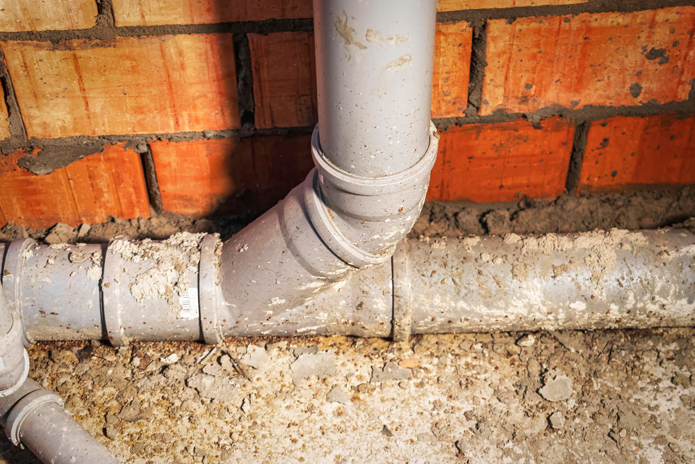 Tubulação de esgoto em PVC instalada junto à parede de tijolos em ambiente de obra.